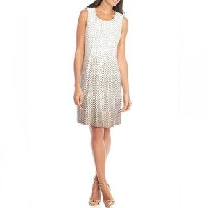 White and mocha cascading polka dots pleated dress size 8